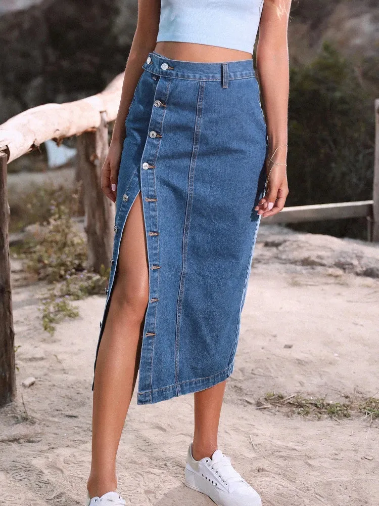 A-line Side Split Midi Jean Skirt for Office Lady with Button