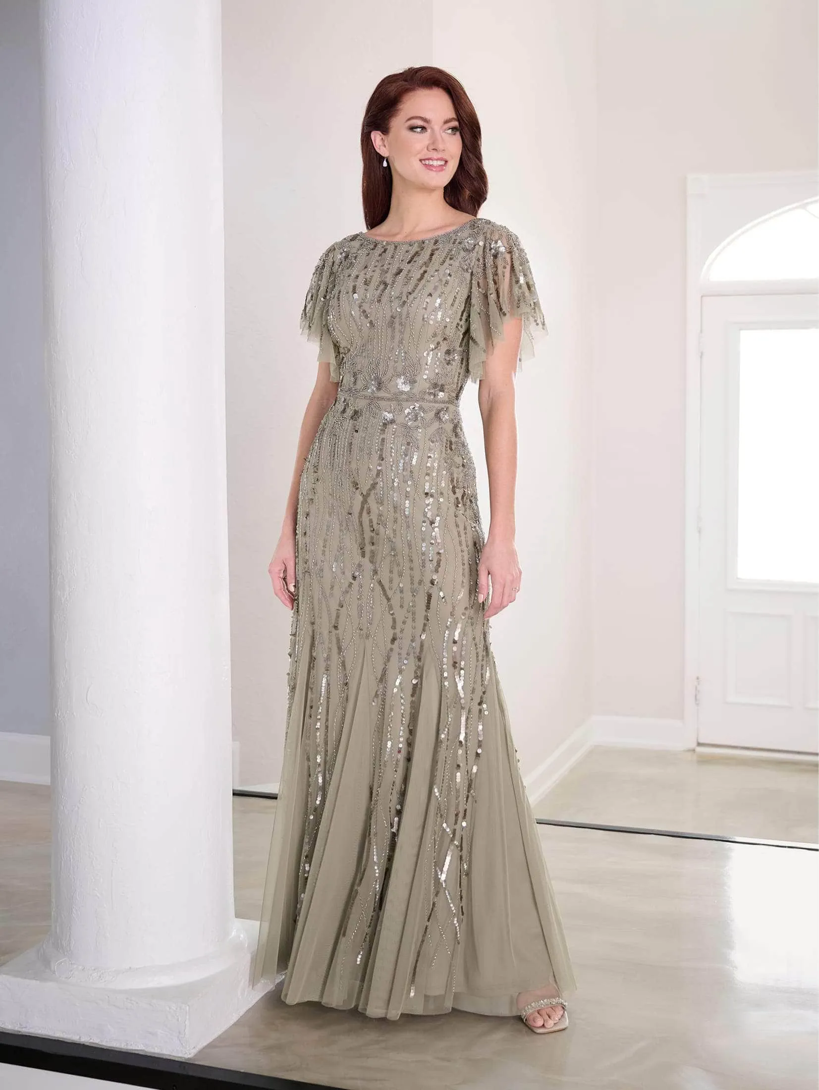 Adrianna Papell Platinum 40452 - Sequined Flutter Sleeve Long Dress