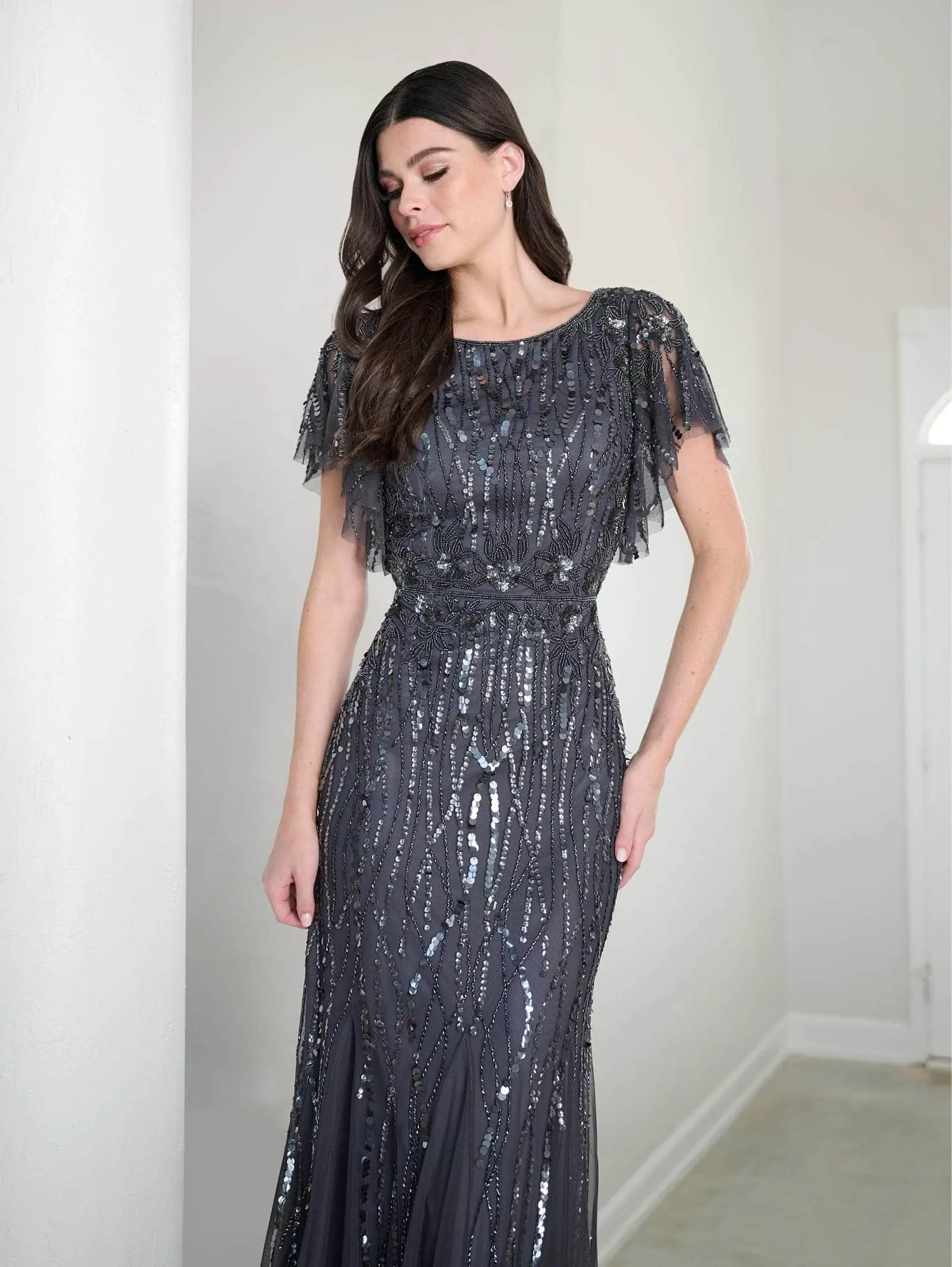 Adrianna Papell Platinum 40452 - Sequined Flutter Sleeve Long Dress