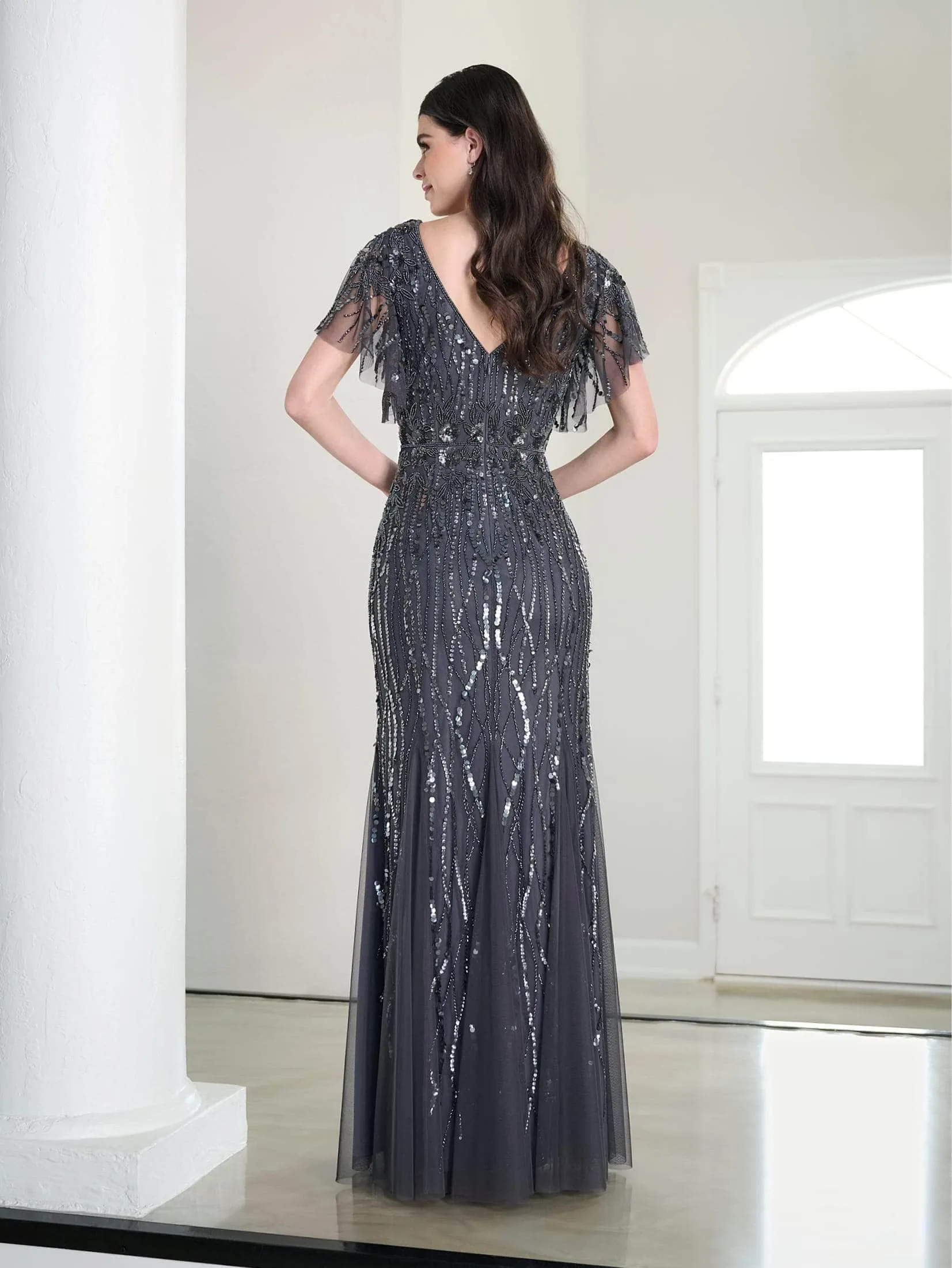 Adrianna Papell Platinum 40452 - Sequined Flutter Sleeve Long Dress