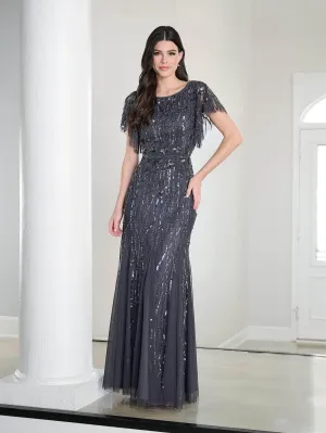 Adrianna Papell Platinum 40452 - Sequined Flutter Sleeve Long Dress