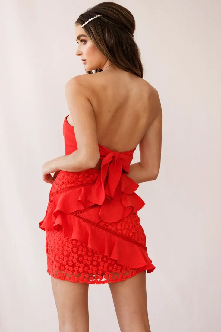 Aramis Strapless Lace & Ruffle Detail Dress Red