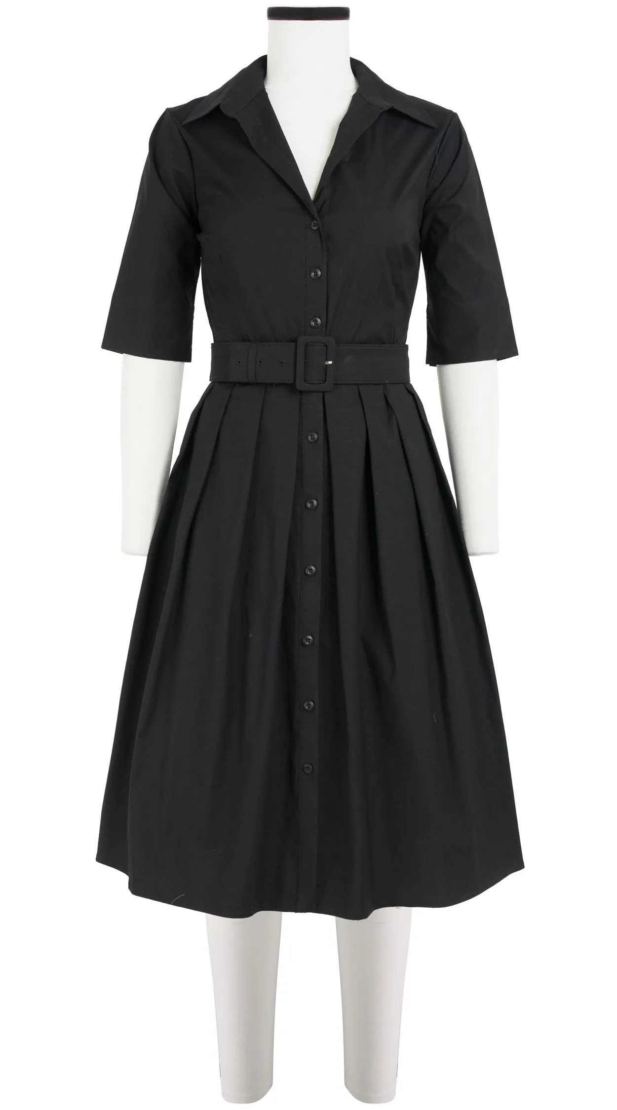 Audrey Dress #1 Shirt Collar Elbow Sleeve Regular  3 Length Cotton Stretch_Solid_Black