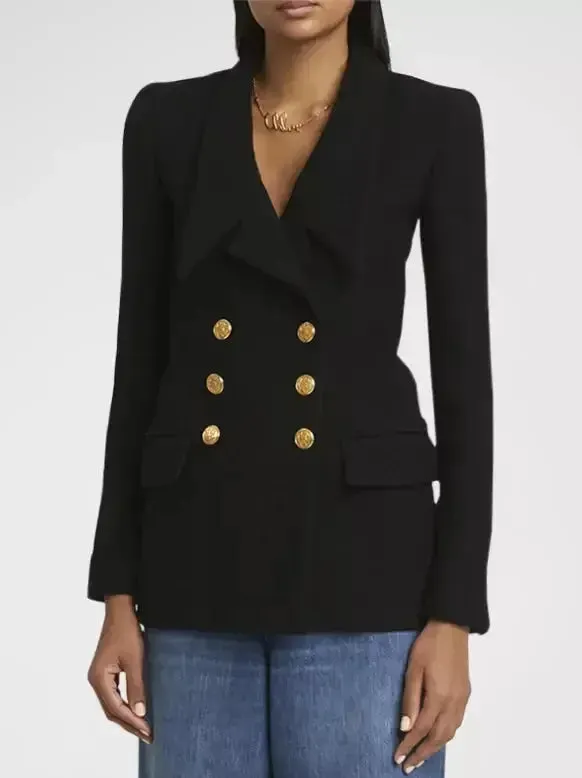 Black Micro Bouclette Double-Breasted Blazer Jacket