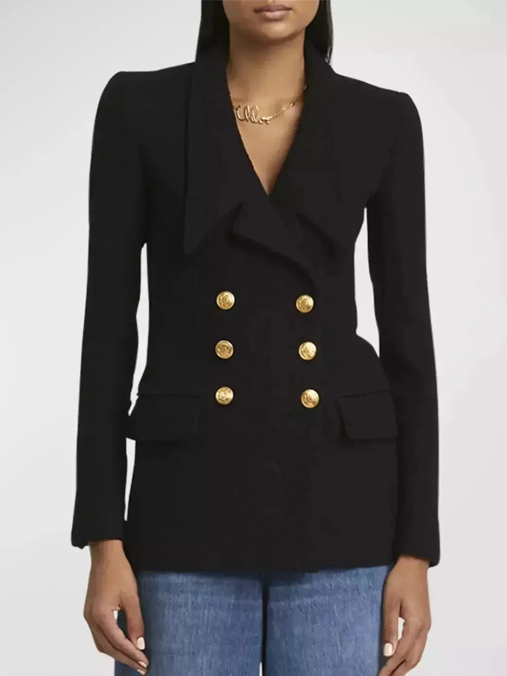 Black Micro Bouclette Double-Breasted Blazer Jacket