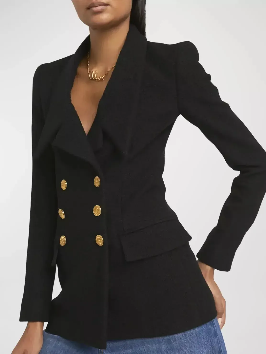 Black Micro Bouclette Double-Breasted Blazer Jacket