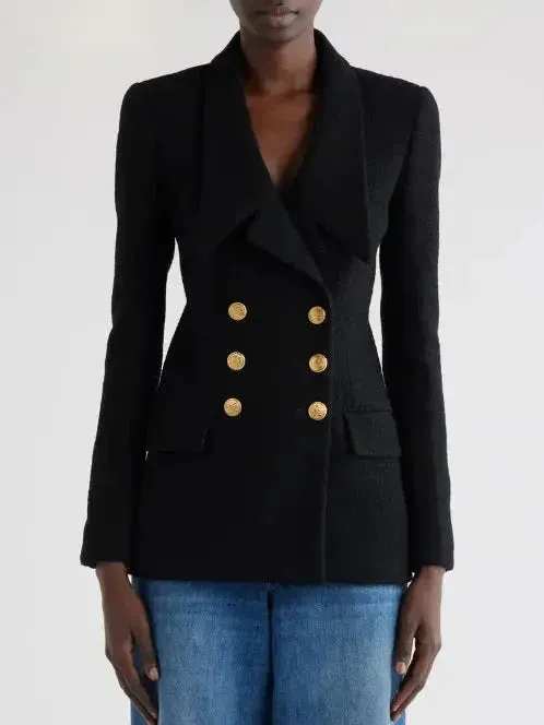 Black Micro Bouclette Double-Breasted Blazer Jacket