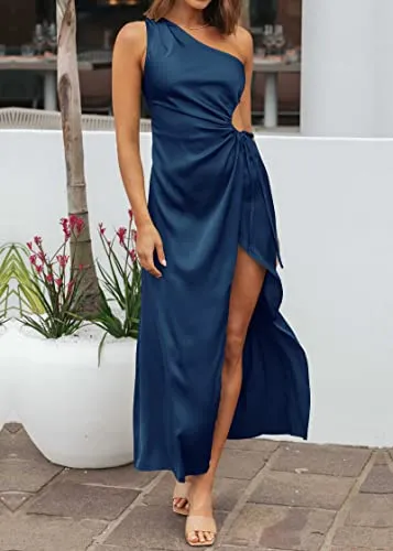 BTFBM Women 2023 One Shoulder Prom Dresses Sleeveless Cutout Ruched Adjustable Split Satin Party Cocktail Maxi Dress(Solid Navy, Small)