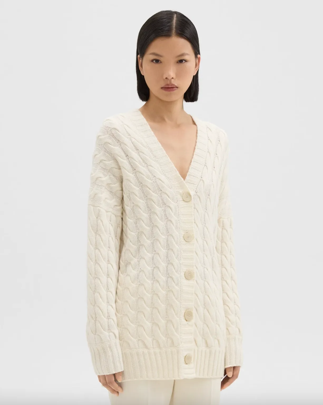 Cable Knit Cardigan in Felted Wool-Cashmere - Ivory