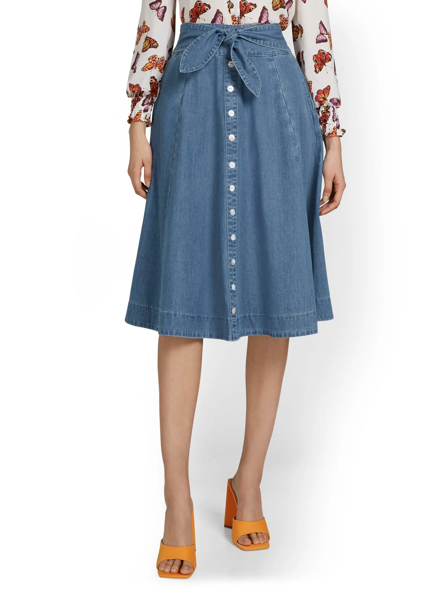 Chambray Button-Front A-Line Skirt