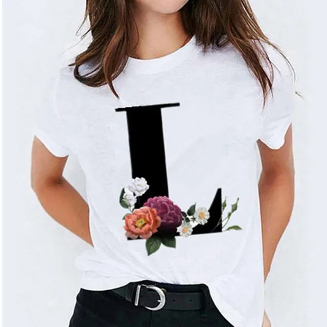 Choose Your Initial! 26 Letter Printed Women's T-Shirts