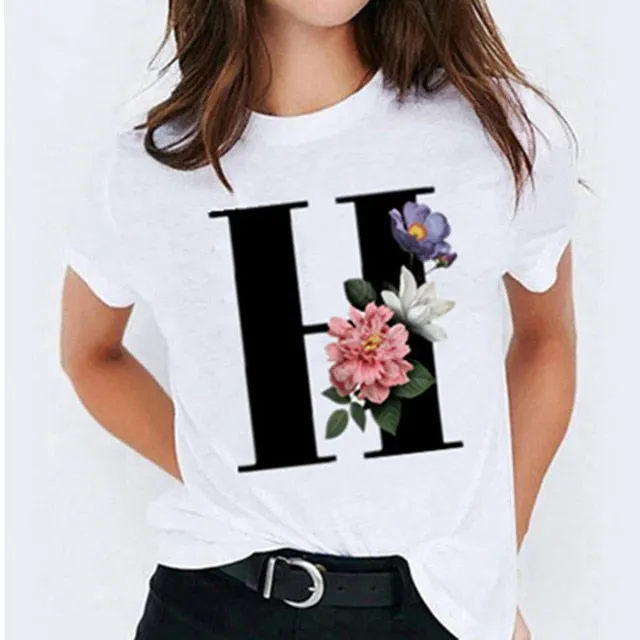 Choose Your Initial! 26 Letter Printed Women's T-Shirts