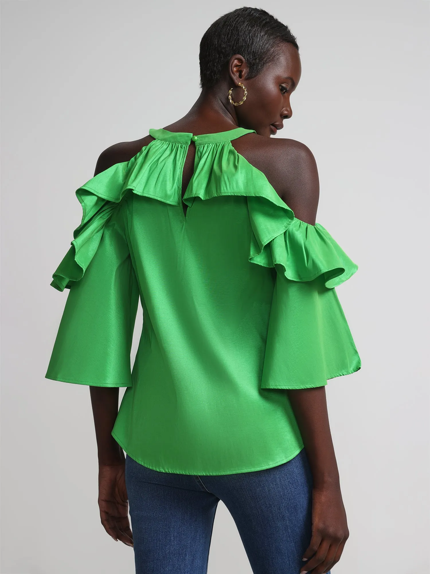 Cold Shoulder Halter Neck Ruffle Taffeta Blouse