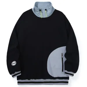 Color Block Print Elastic Rope Pile Collar Pure Cotton Sweatshirt