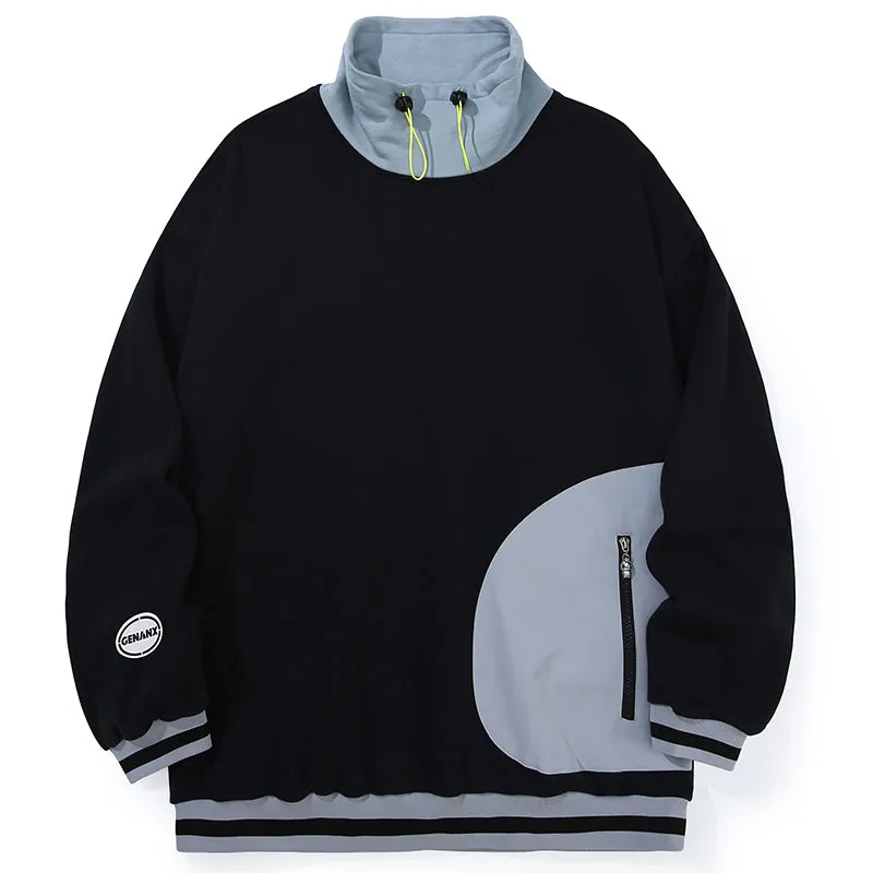 Color Block Print Elastic Rope Pile Collar Pure Cotton Sweatshirt