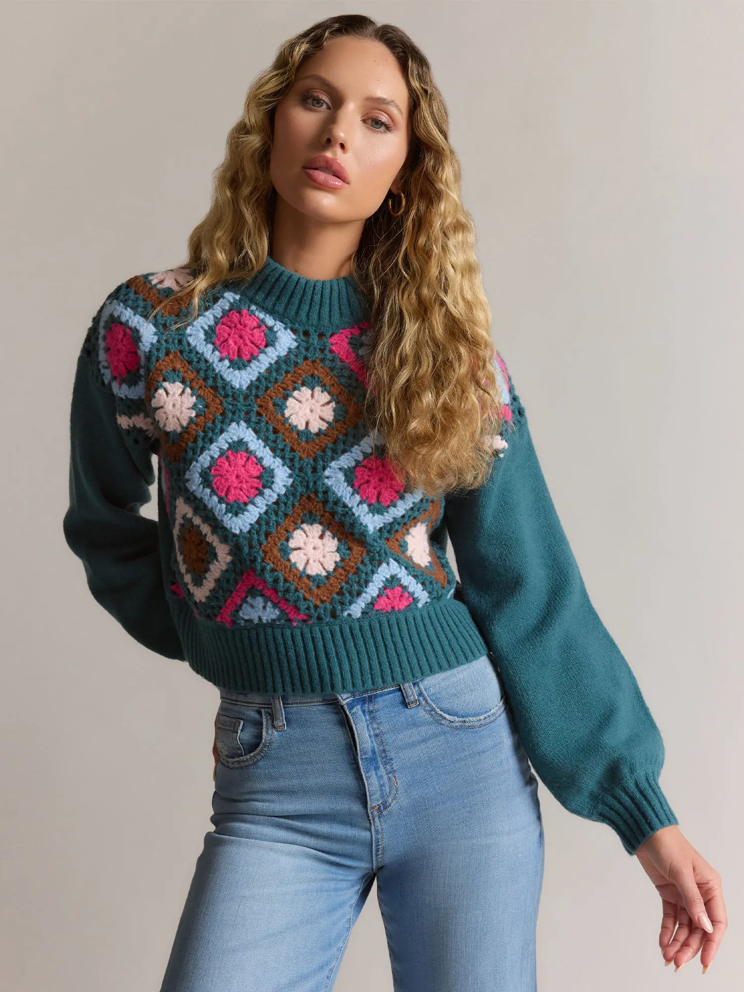 Dreamers Mock Neck Granny Crochet Open Front Sweater - Brands We Love