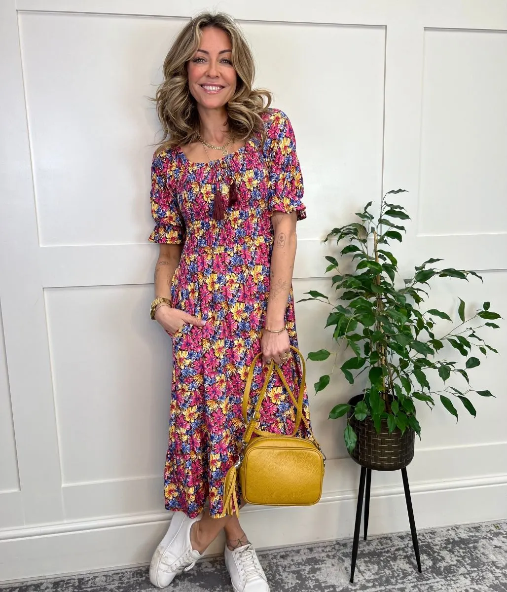 Floral Shirred Tassel Midi Dress