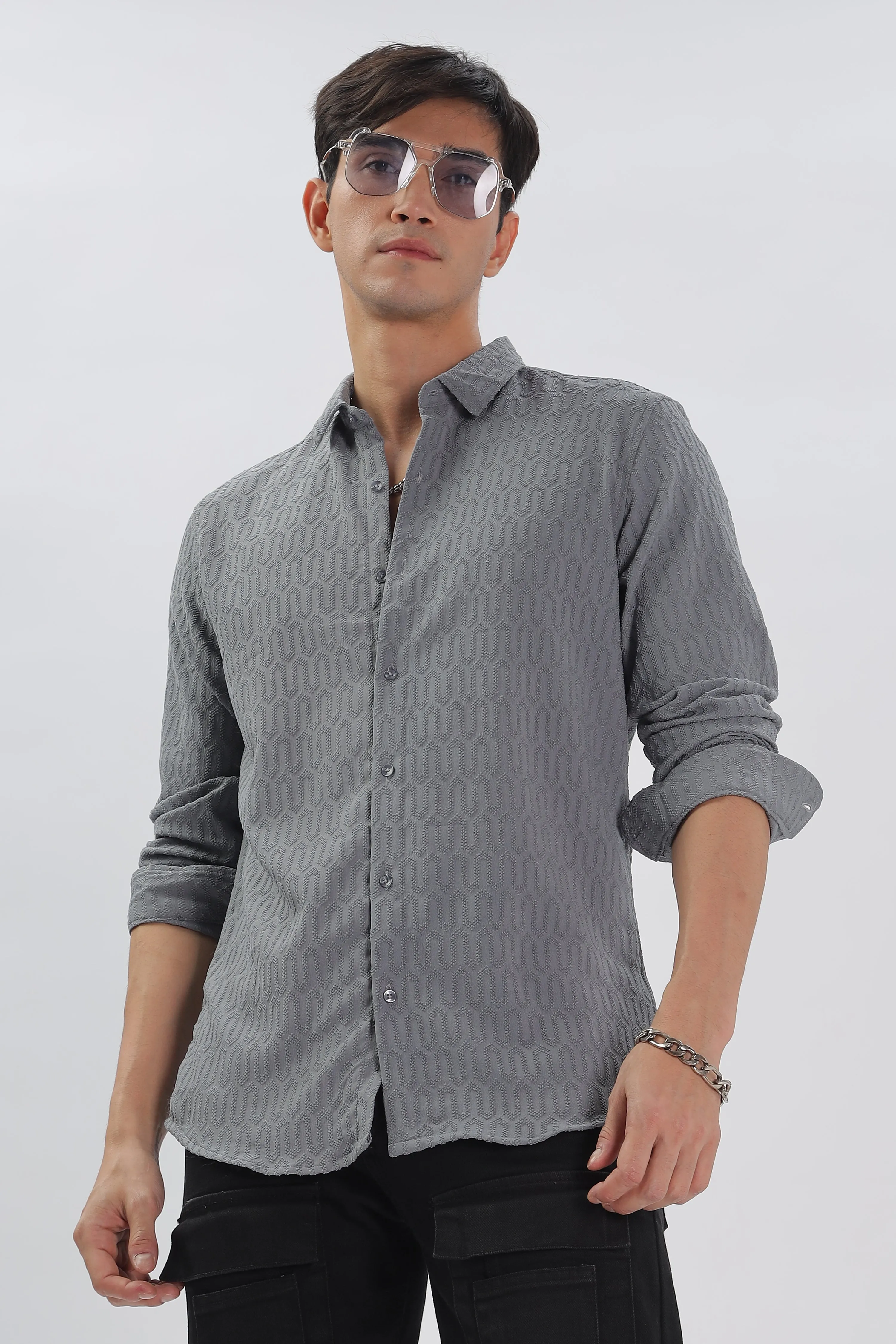 Gray - Modern Fit Textured Shirt