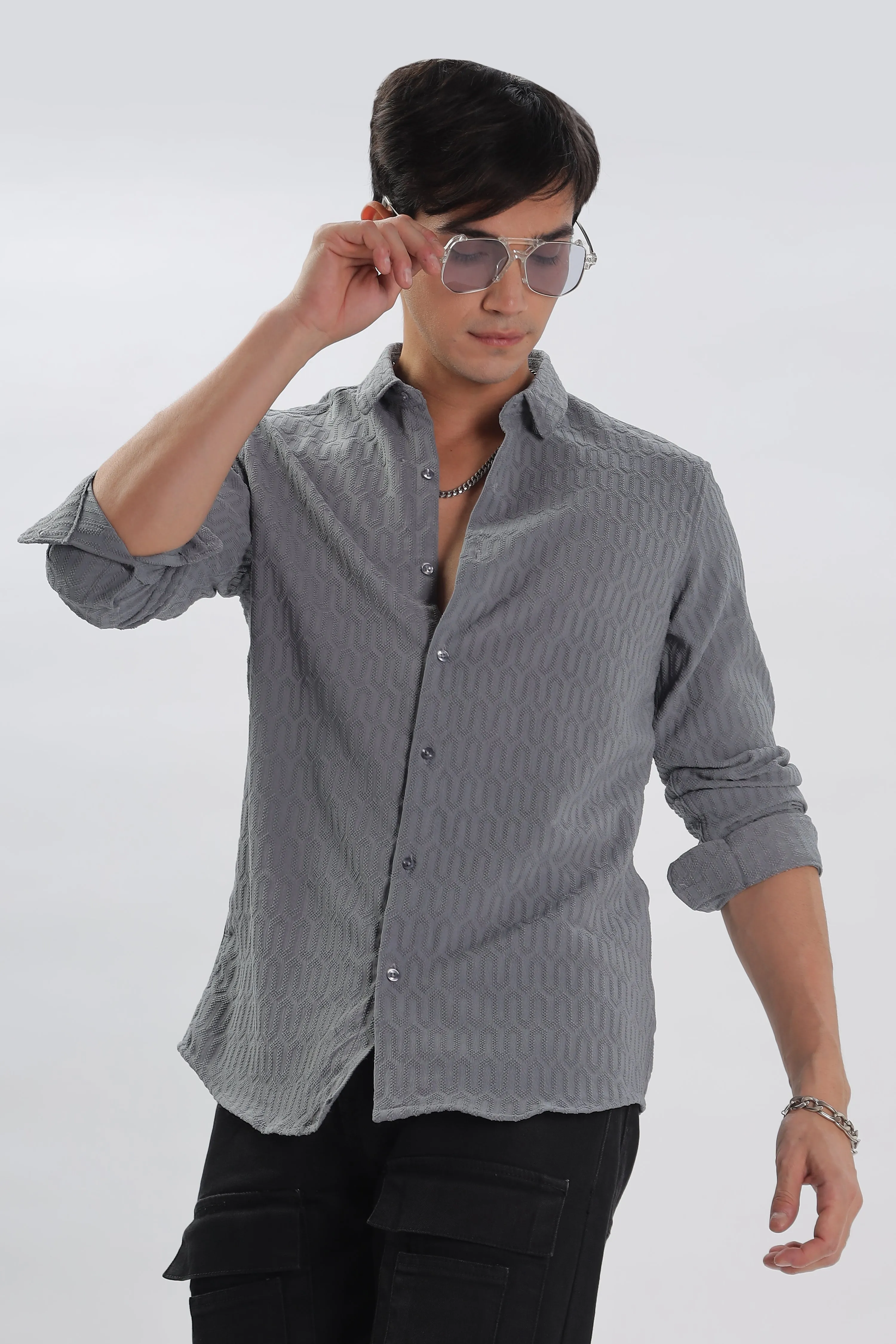 Gray - Modern Fit Textured Shirt