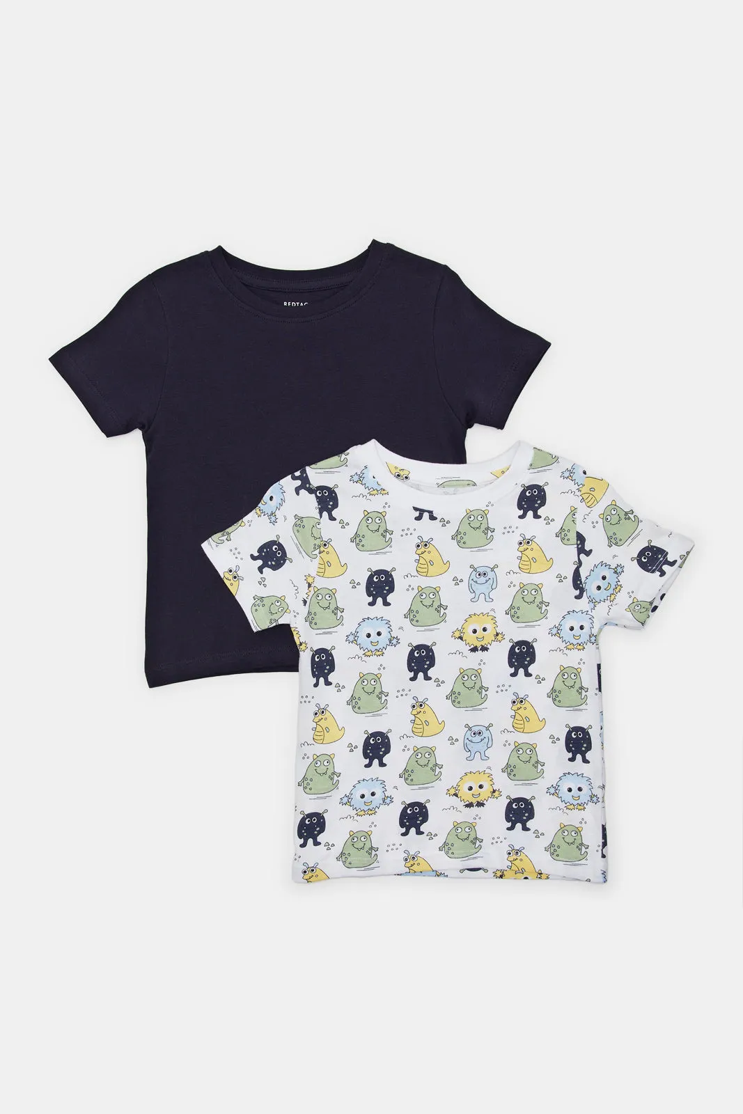 Infant Boys White And Navy Printed T-Shirt Set (2 Piece)