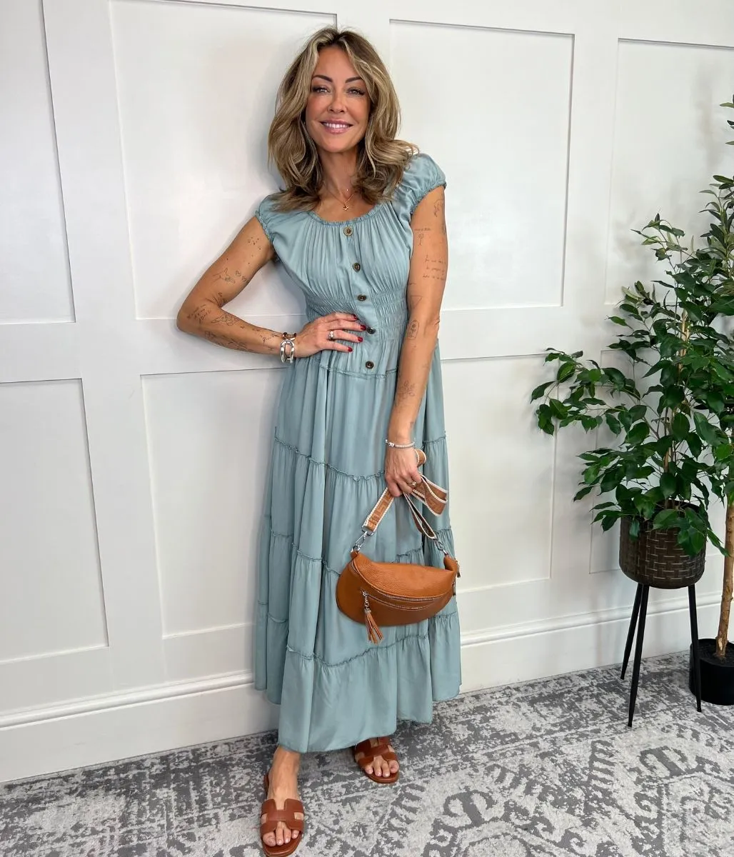 Khaki Tiered Shirred Midi Dress