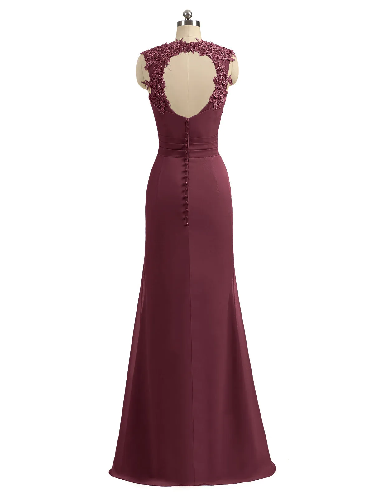 Lace Appliqued Strap Sheath Open Back Dress Cabernet