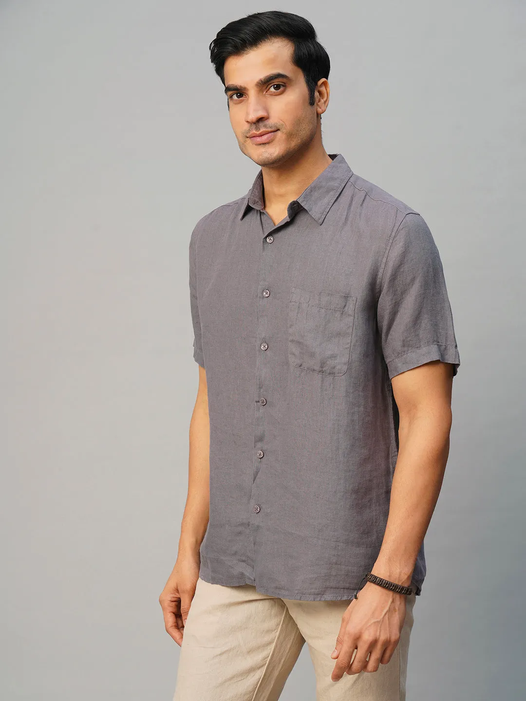 Men's Grey 100% Linen Regular Fit Shirt