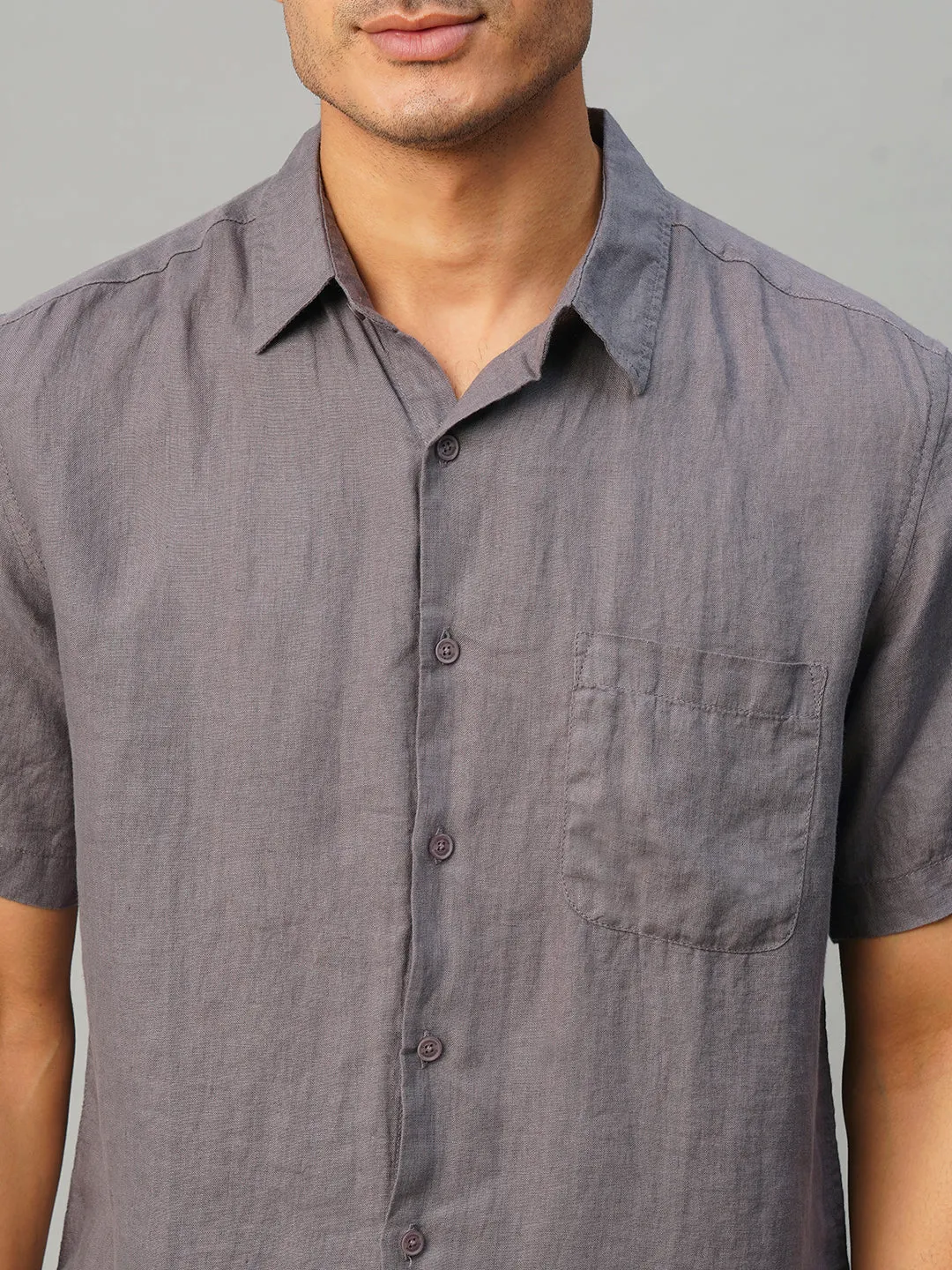 Men's Grey 100% Linen Regular Fit Shirt