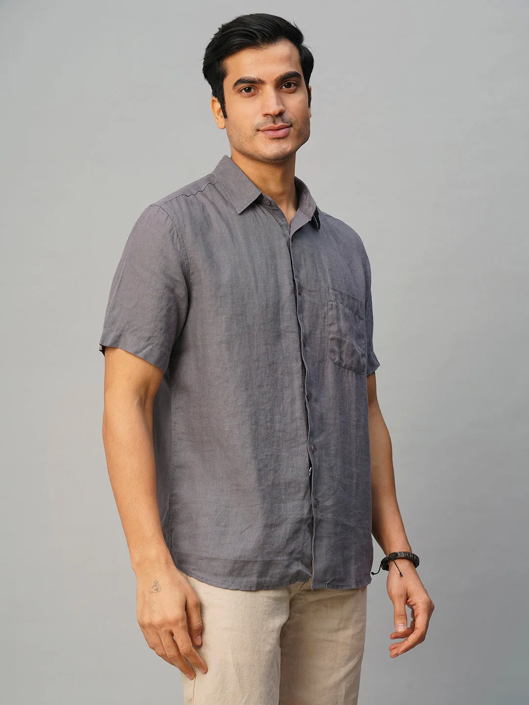 Men's Grey 100% Linen Regular Fit Shirt