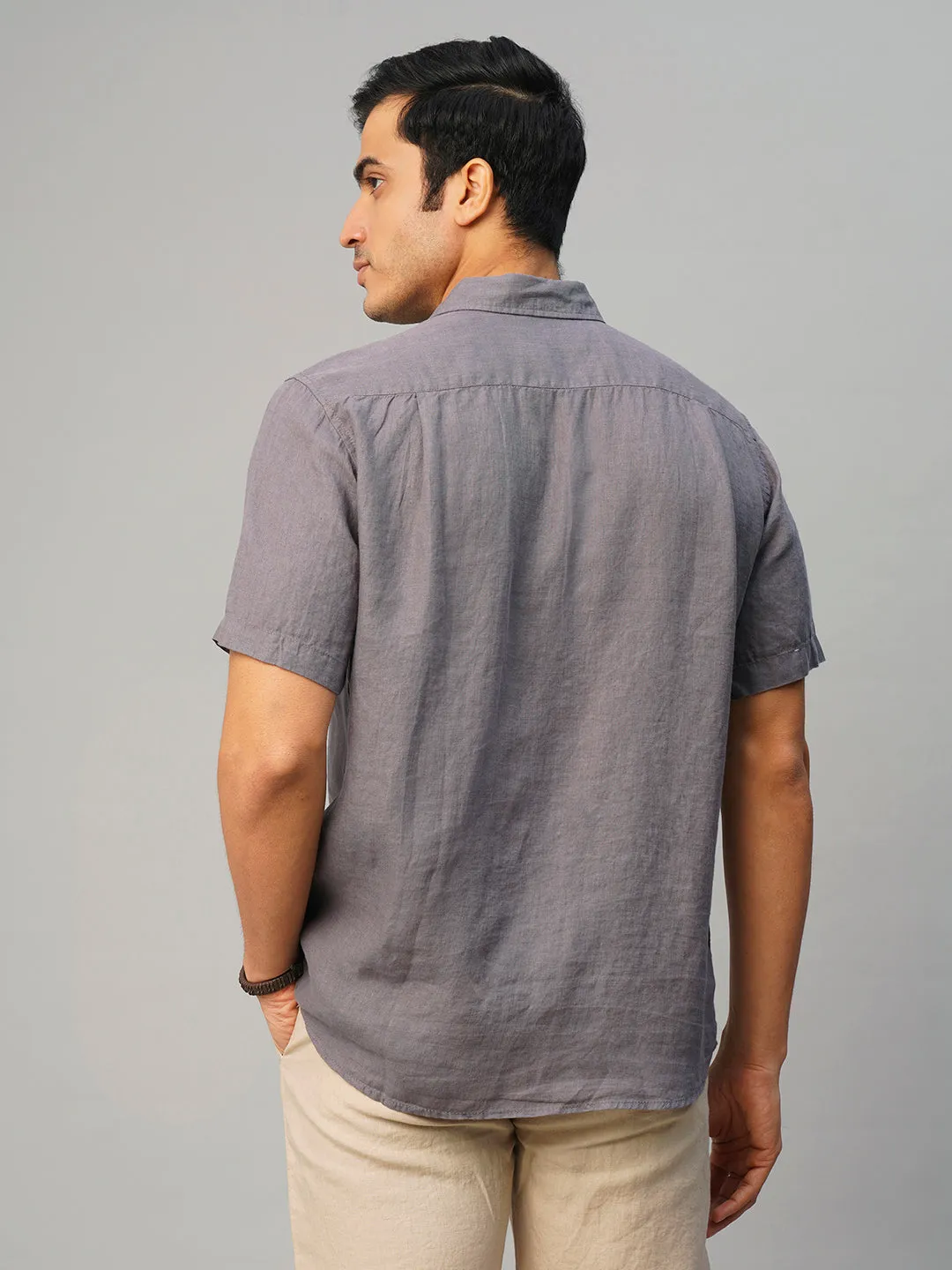 Men's Grey 100% Linen Regular Fit Shirt