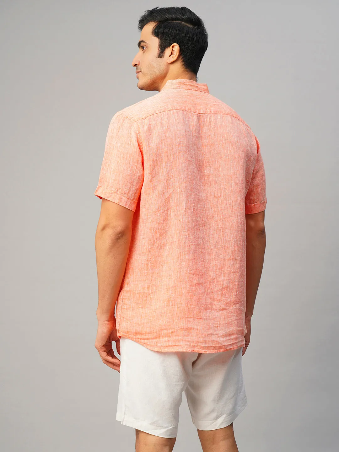 Men's Orange 100% Linen Regular Fit Shirt