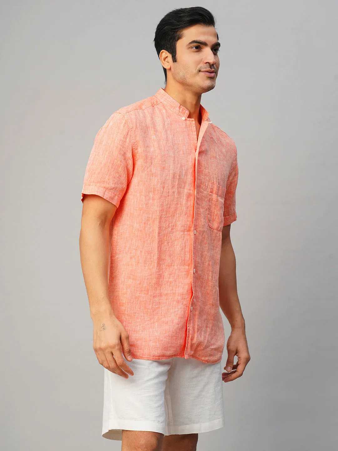 Men's Orange 100% Linen Regular Fit Shirt