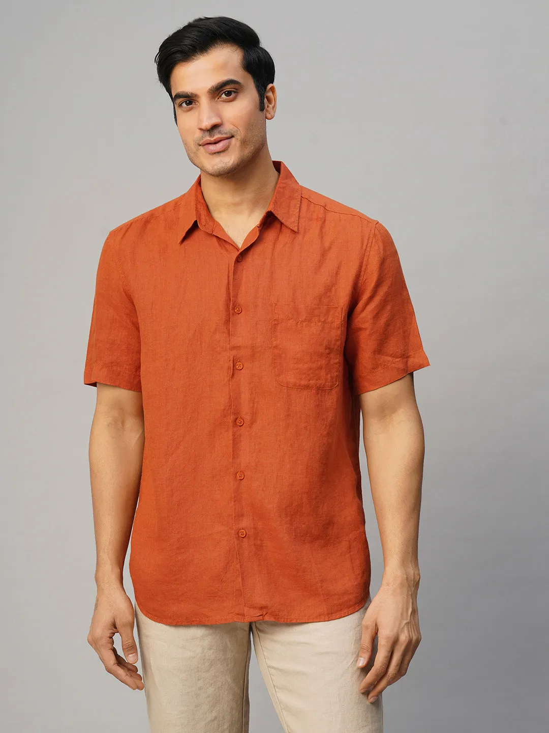 Men's Rust 100% Linen Regular Fit Shirt