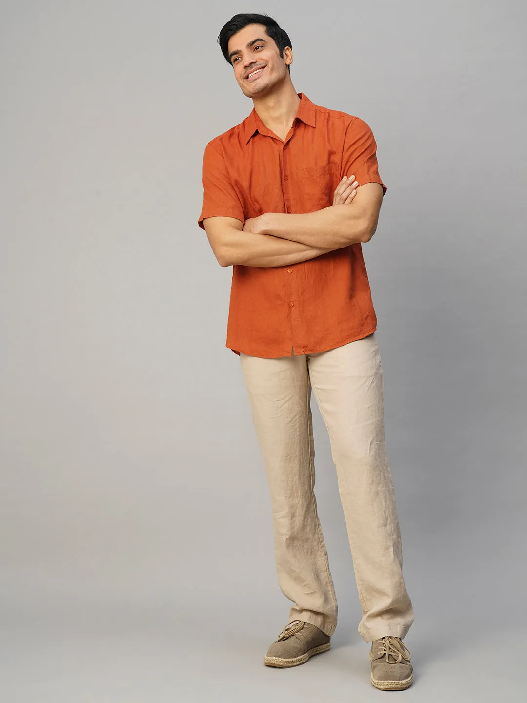 Men's Rust 100% Linen Regular Fit Shirt