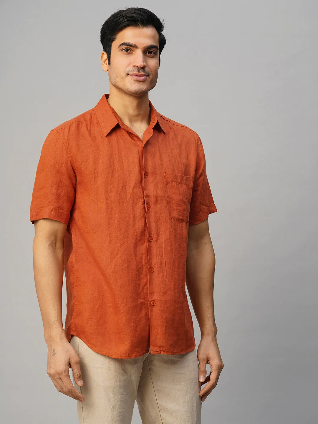 Men's Rust 100% Linen Regular Fit Shirt