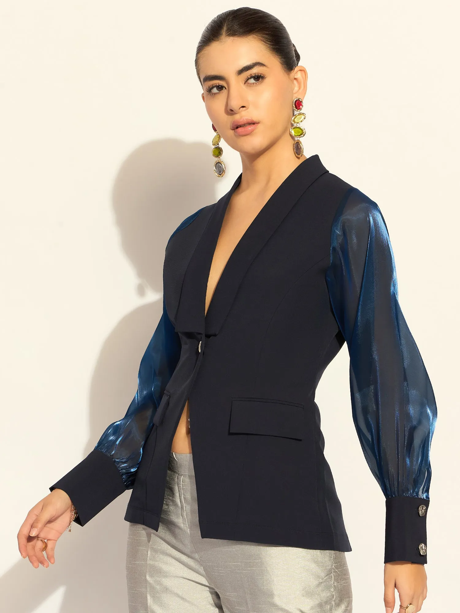 Navy Puffed-Sleeves Split Joint Top In Stretchable Fabric