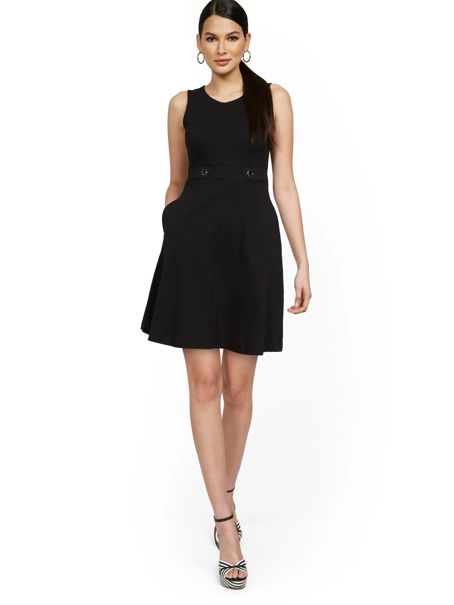 Petite Sleeveless Two-Button Fit and Flare Dress - City Knits