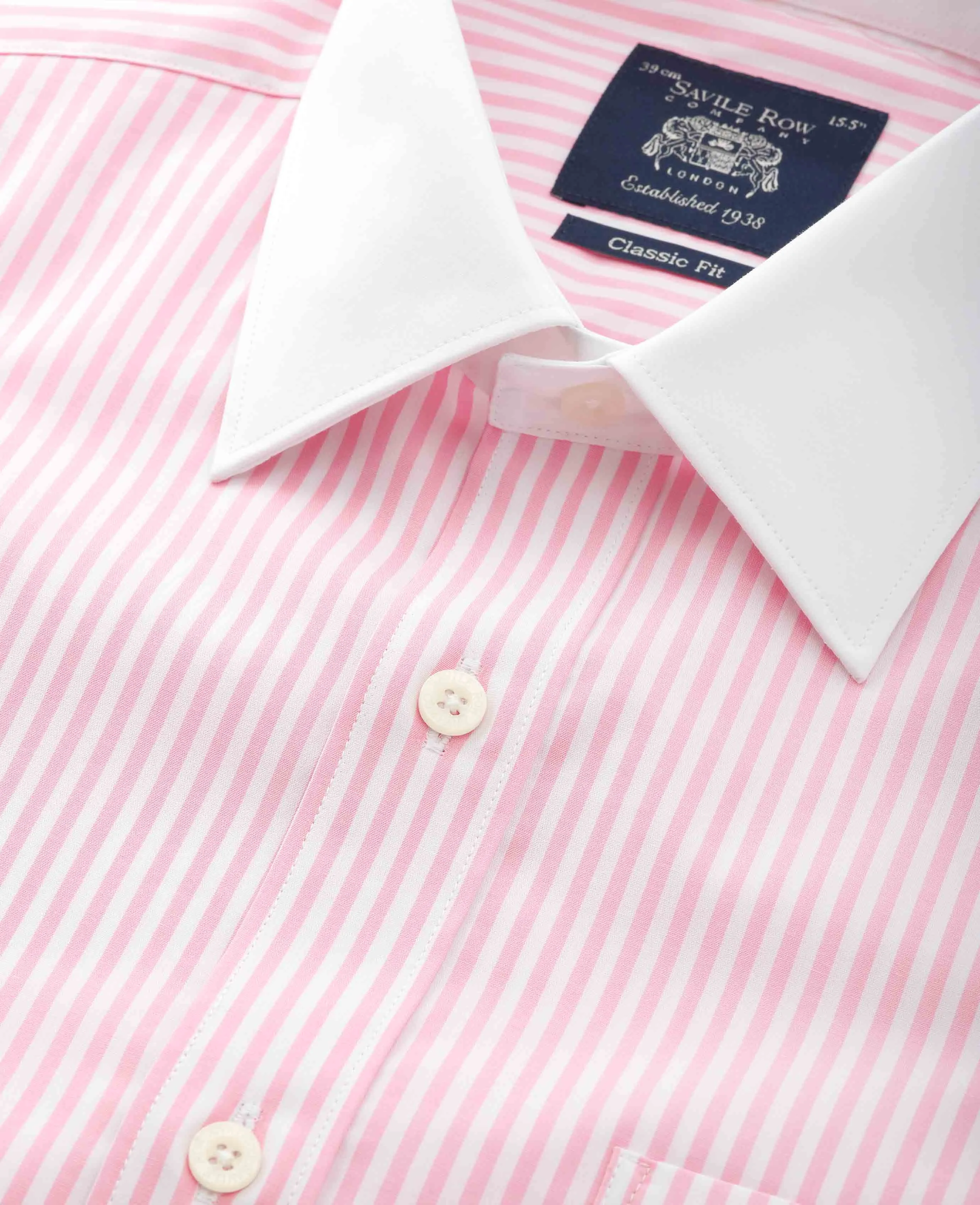 Pink Stripe Classic Fit Contrast Collar Formal Shirt With White Collar & Double Cuffs