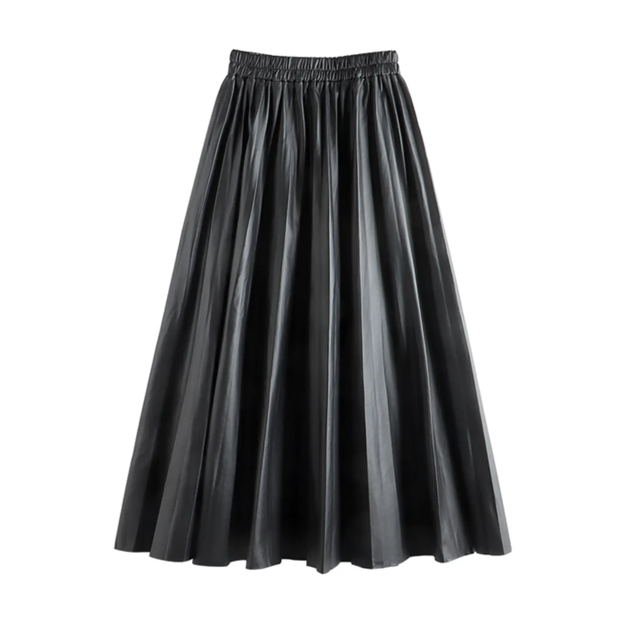 Pre Order:  A-line Faux Leather Pleated Long Skirt