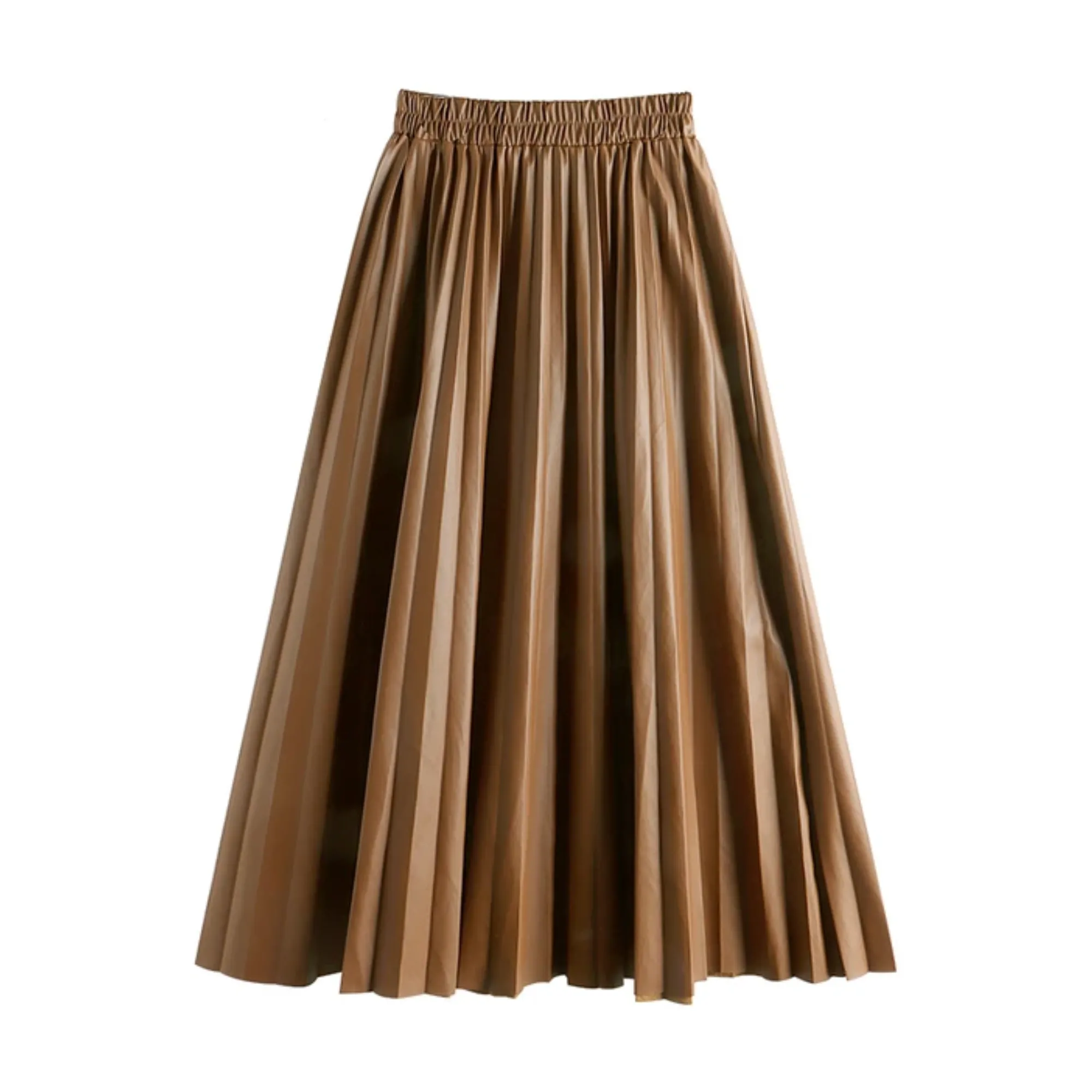 Pre Order:  A-line Faux Leather Pleated Long Skirt