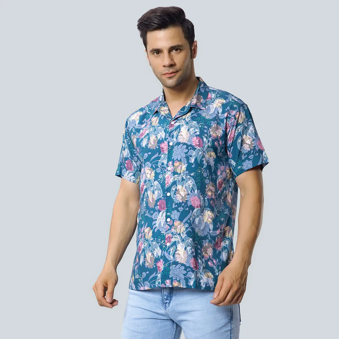 Rayon Flower and Leaf Print Green Shirts for Men