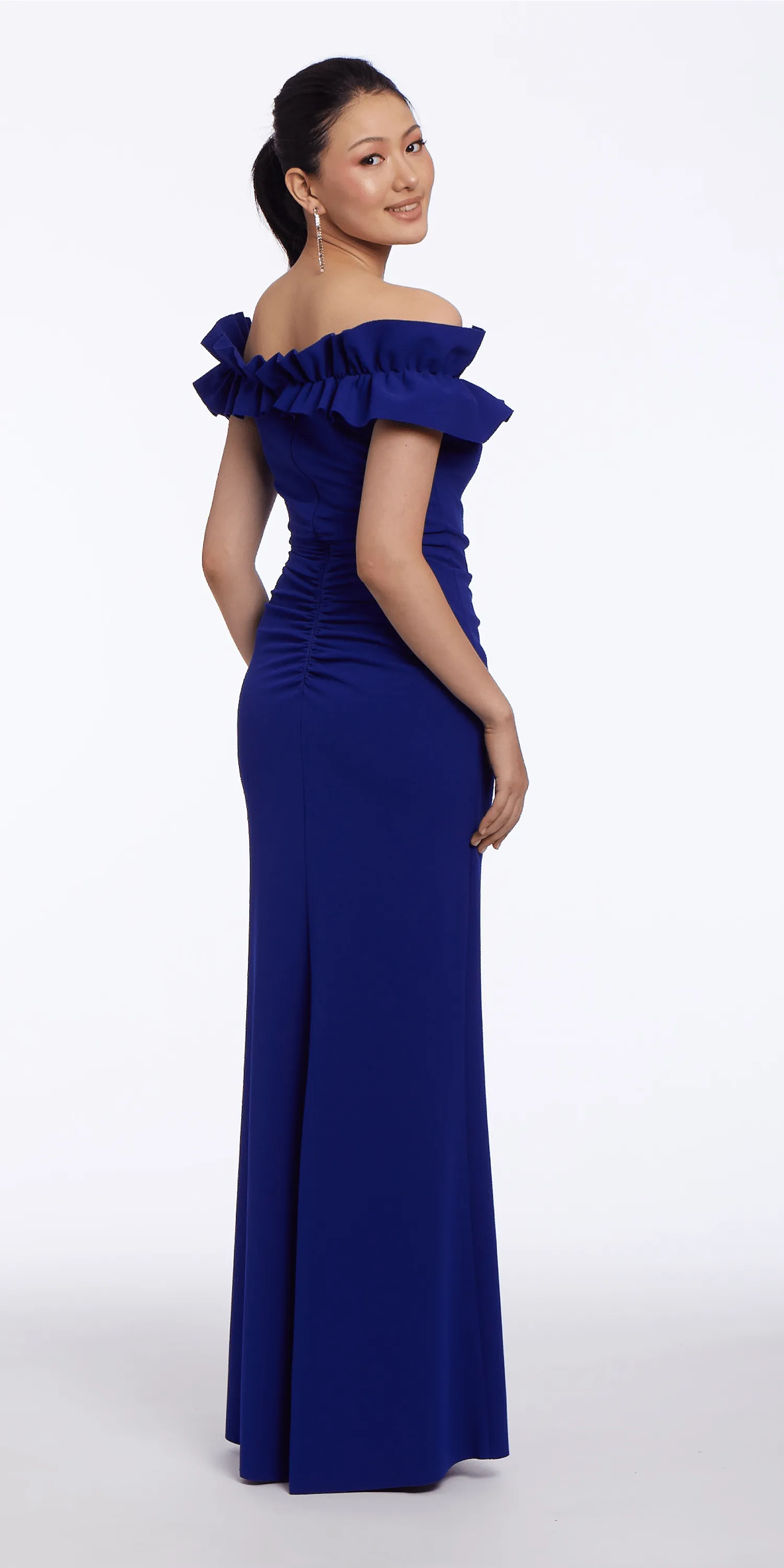 Ruffle Off the Shoulder Crepe Trumpet Dress with Ruching