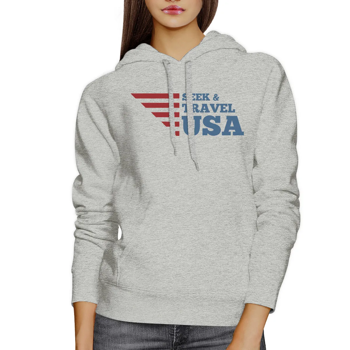 Seek & Travel USA Unisex Graphic Hoodie Gray Round Neck Fleece Top