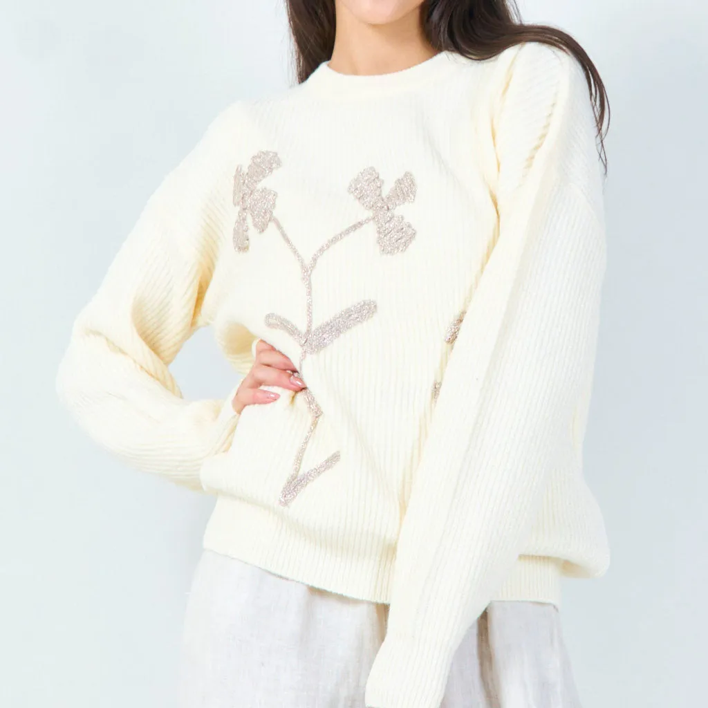 Sequin floral embroidered knit sweater wholesale