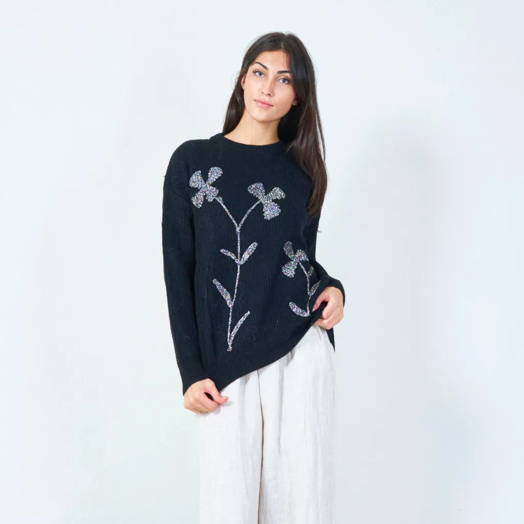 Sequin floral embroidered knit sweater wholesale