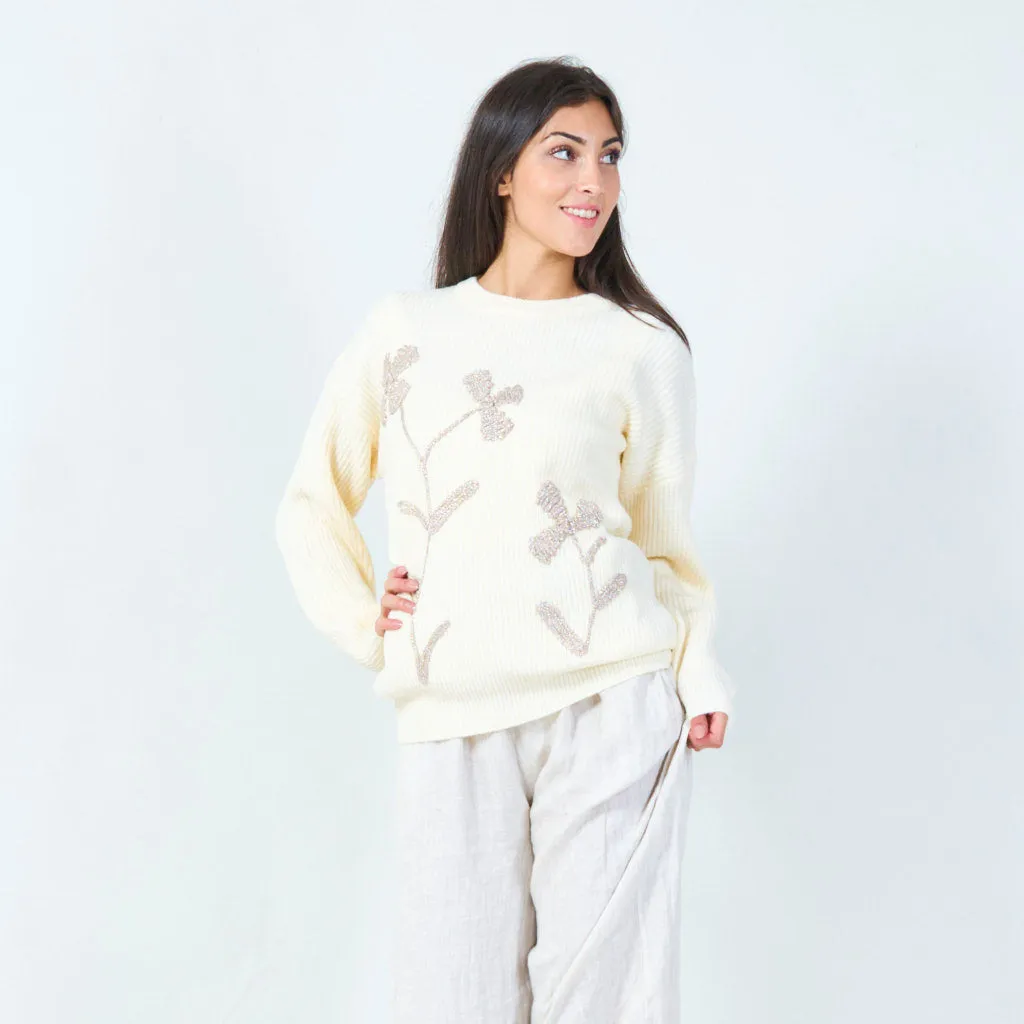 Sequin floral embroidered knit sweater wholesale