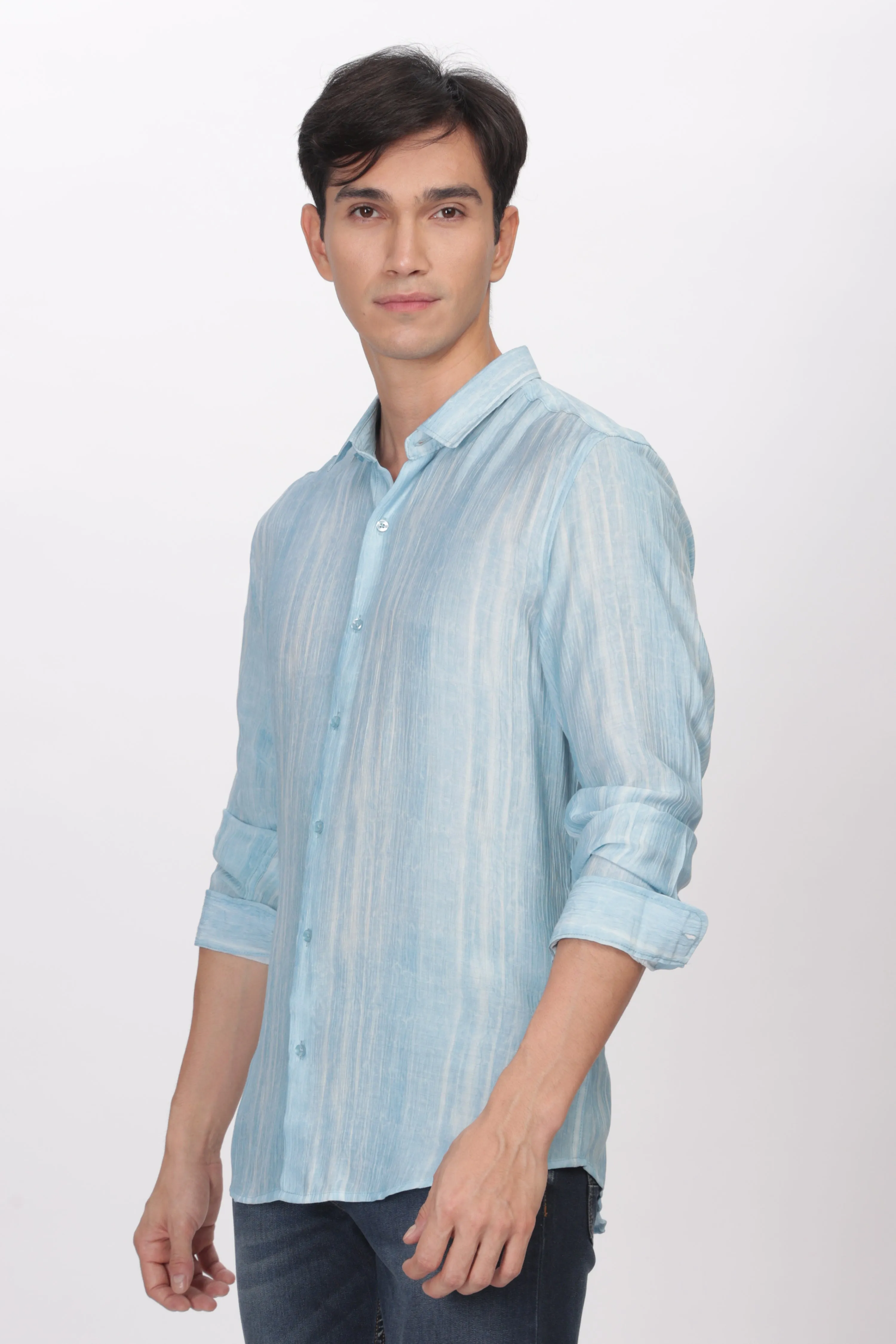 Sky Blue Slim Fit Viscose Beach Wear Shirt