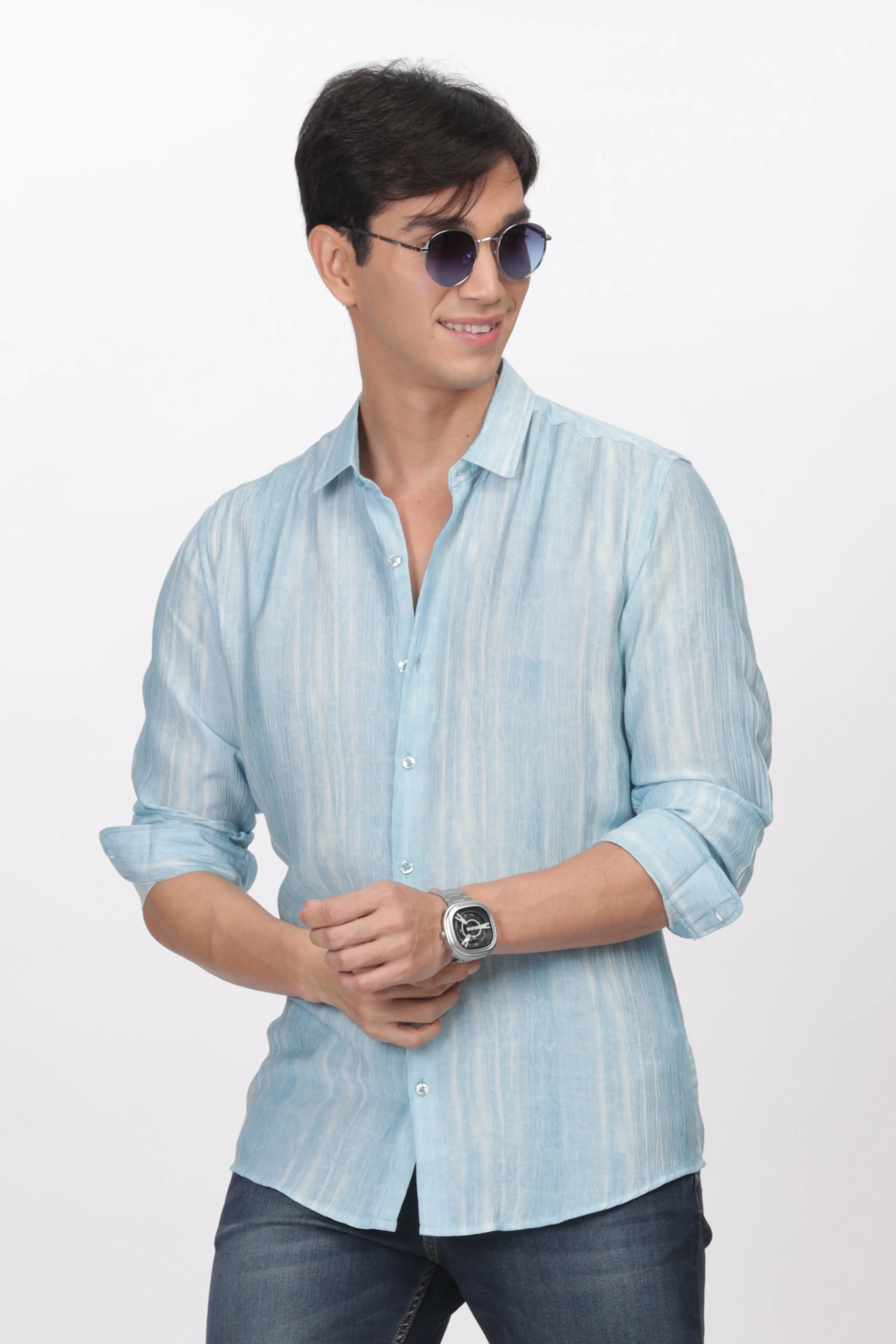 Sky Blue Slim Fit Viscose Beach Wear Shirt