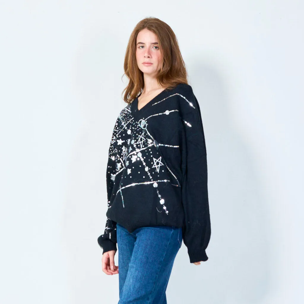 Starry sequin v-neck oversized sweater wholesale