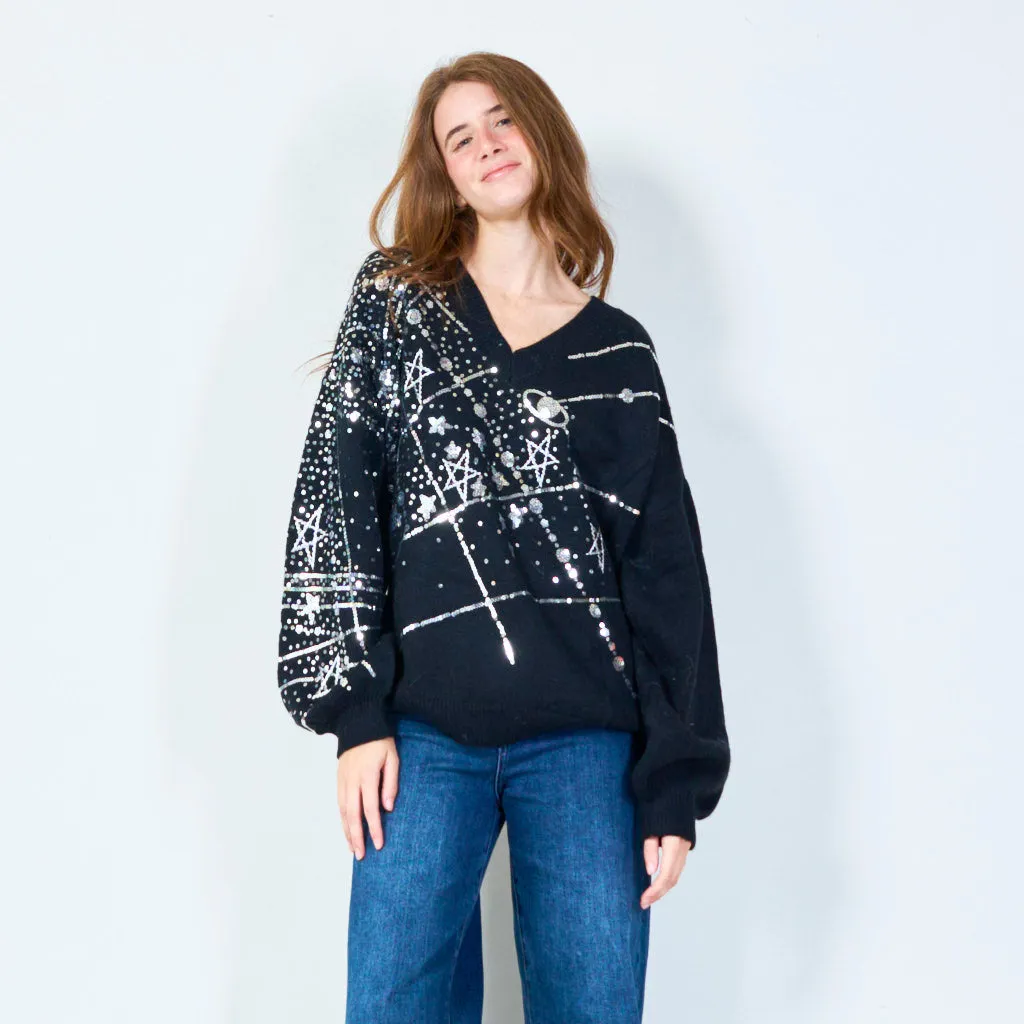 Starry sequin v-neck oversized sweater wholesale